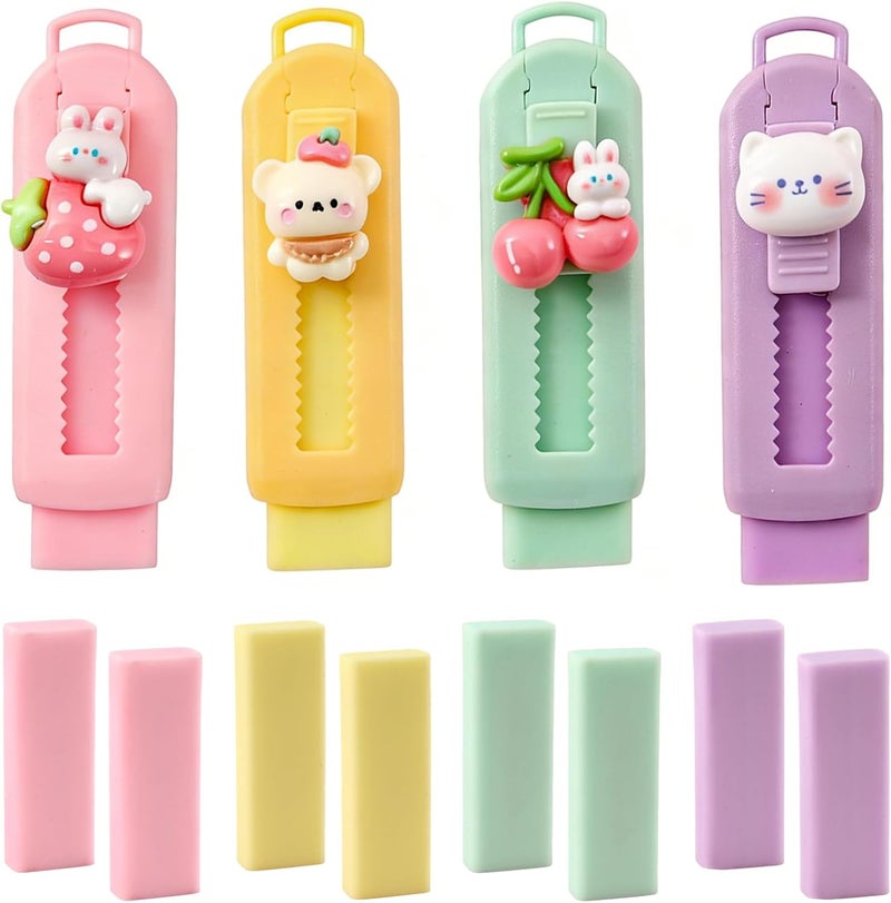 BetterJonny Sliding Retractable Eraser, 4 Color Push Pull Erasers and 8 Refills, Animal Erasers for Pencils Drawing(B) - Image 1